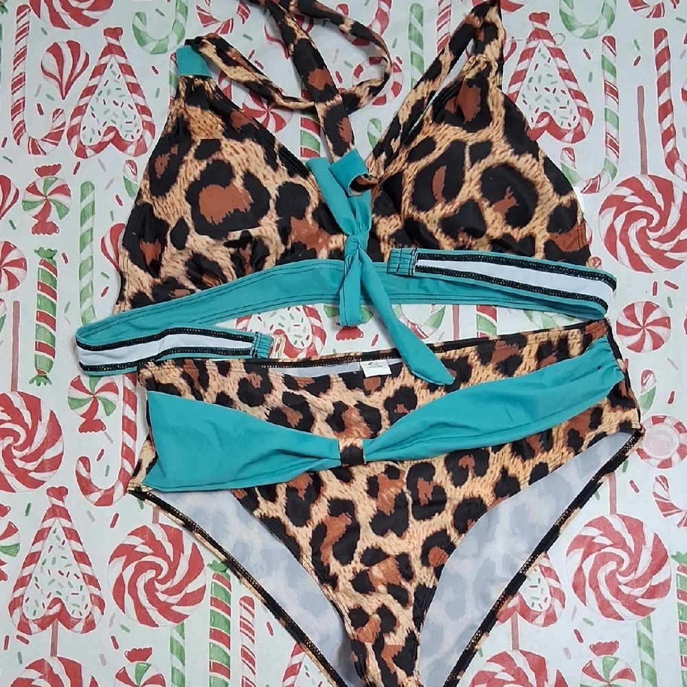 Leopard Print Bikini with Teal Accents High Waist